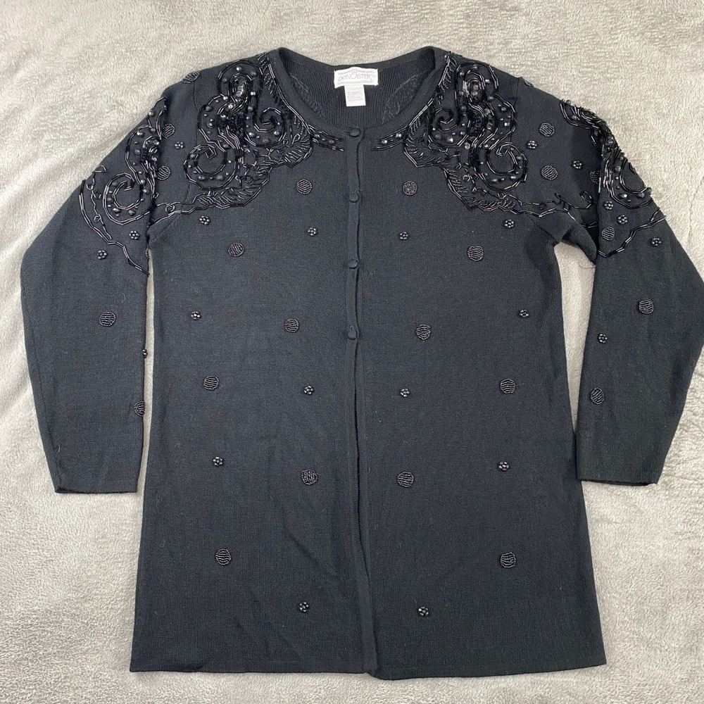 VTG DONCASTER Cardigan Sweater Black Beaded Embellished Long Sleeve M Wool Blend